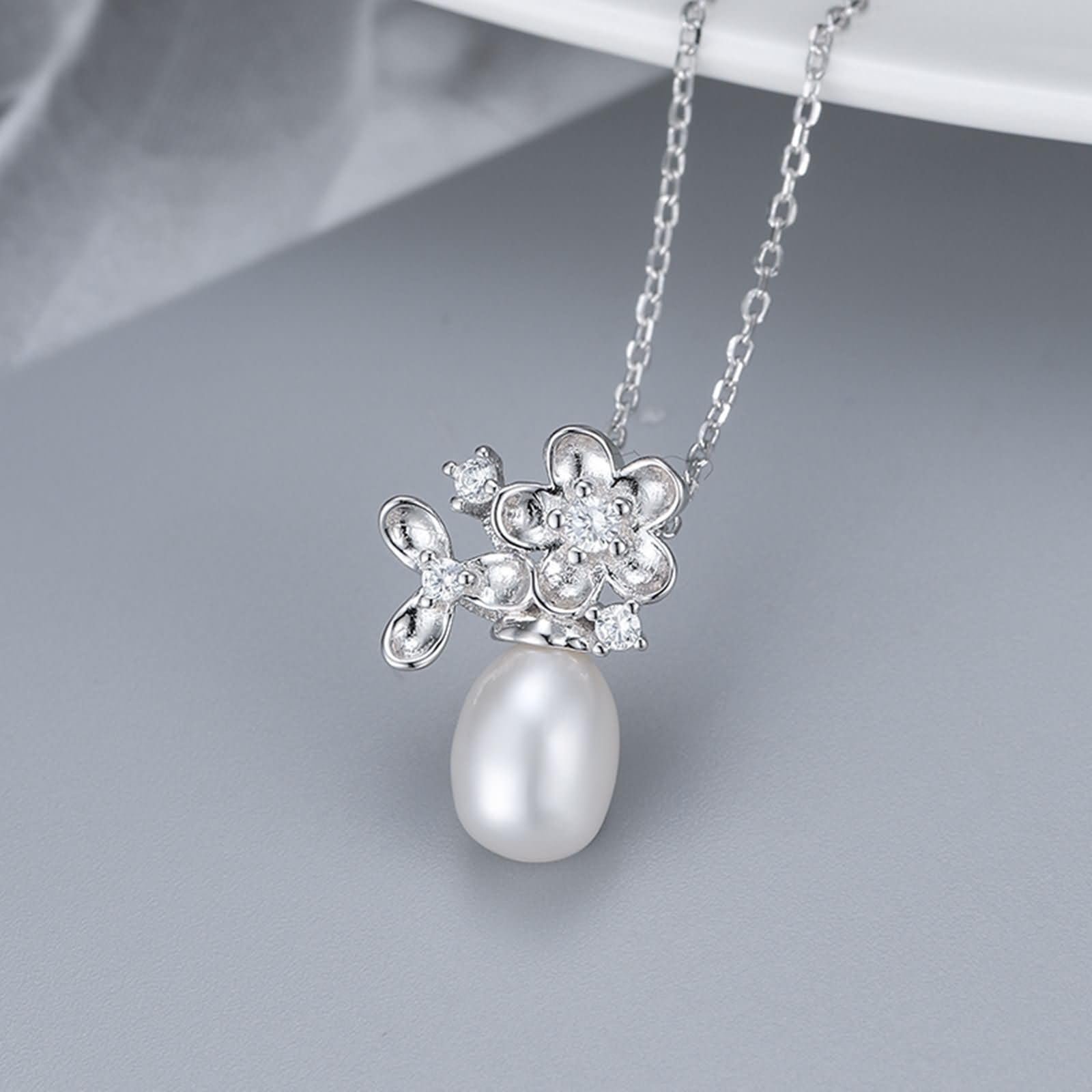 Donna Collana Argento,Catenella per Collana Argento Sterling 925 Donna Fiore e Perla 7x9MM Collana Argento