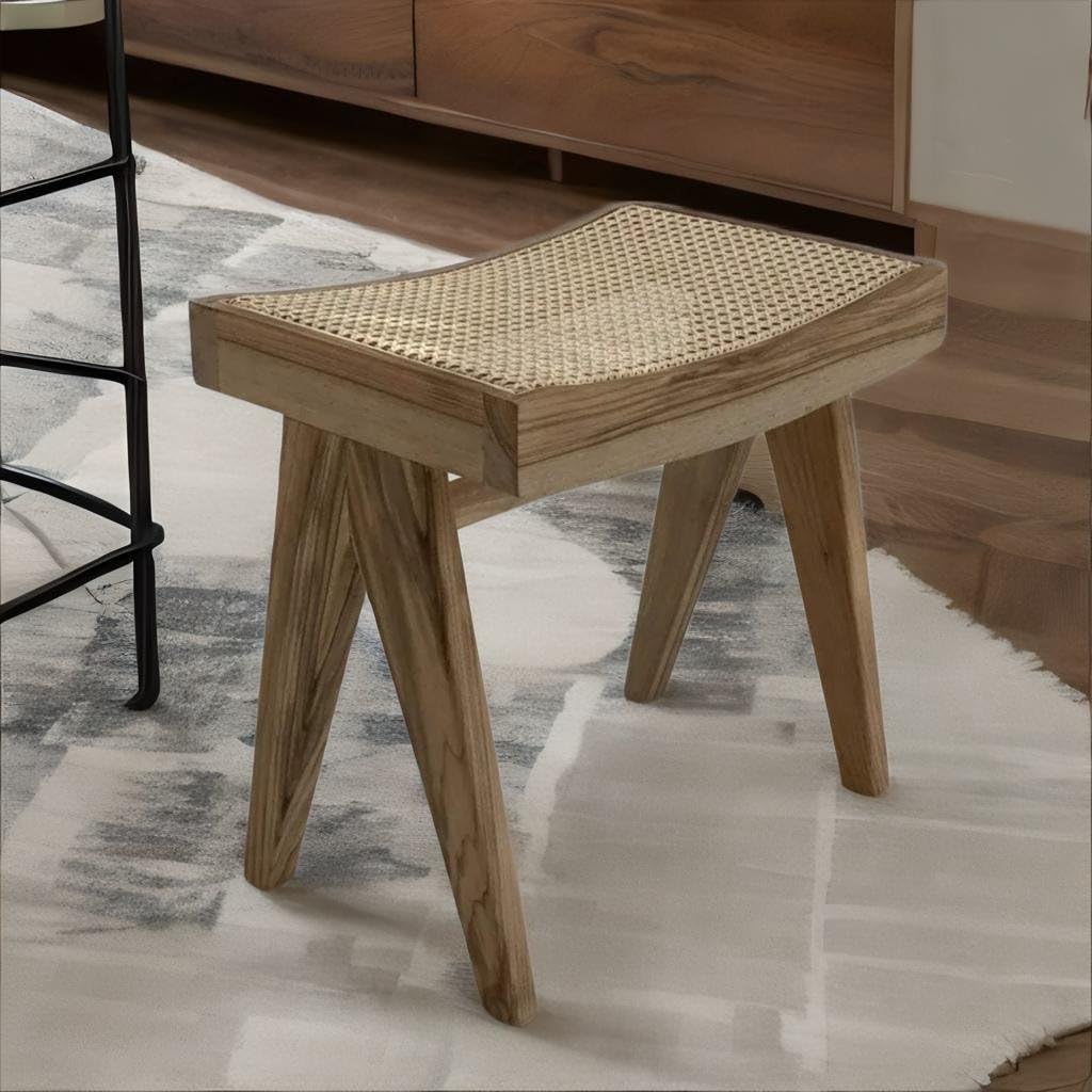 VIHAN ART Honey Finish Rattan & Sheesham Wood Stool, Contemporary Style, Square Shape, 46W x 32D x 45H cm, Already Assembled, Wipe with Dry Cloth-image-18