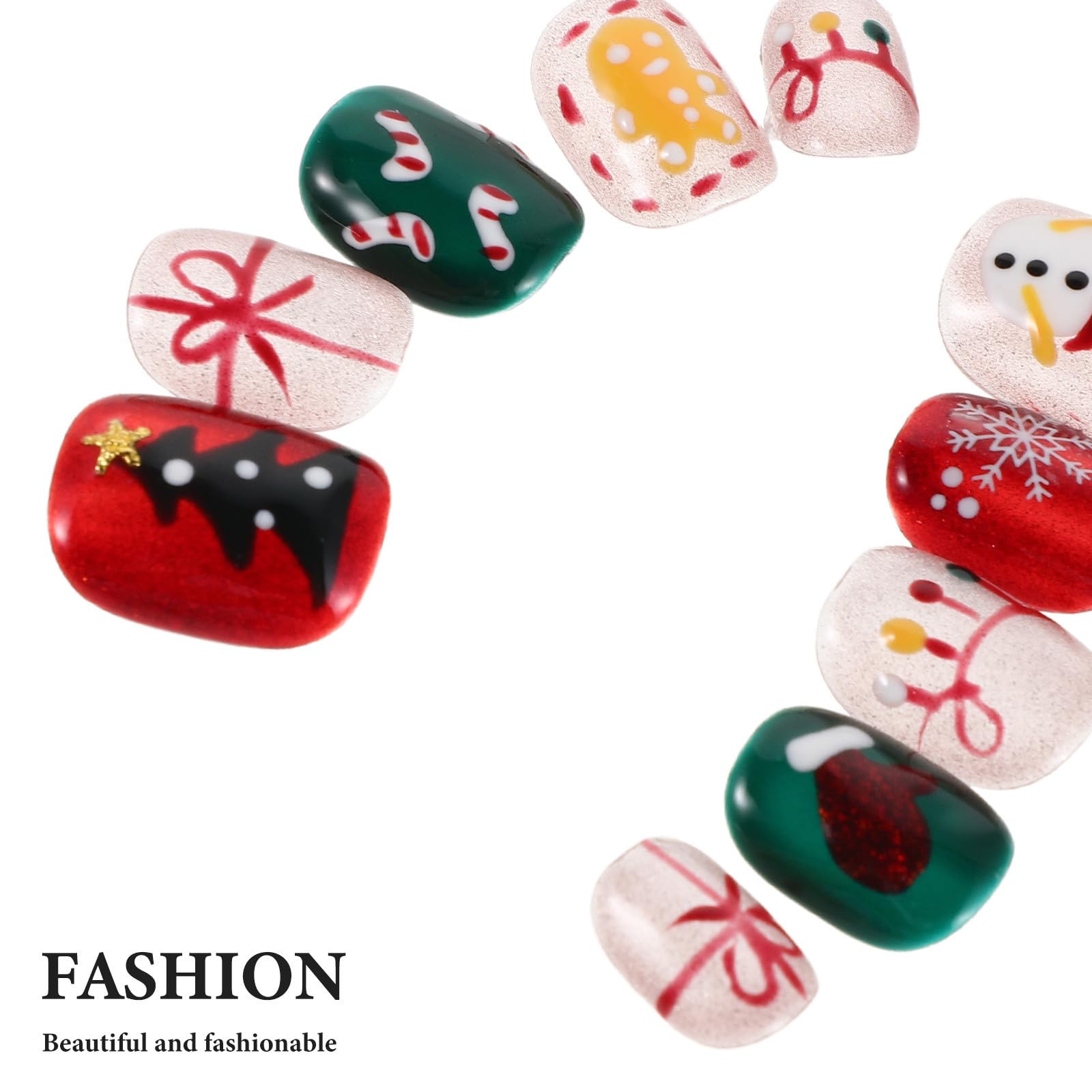 5 Sets Künstliche Weihnachtsnägel zum Aufkleben, Kurz Rund,