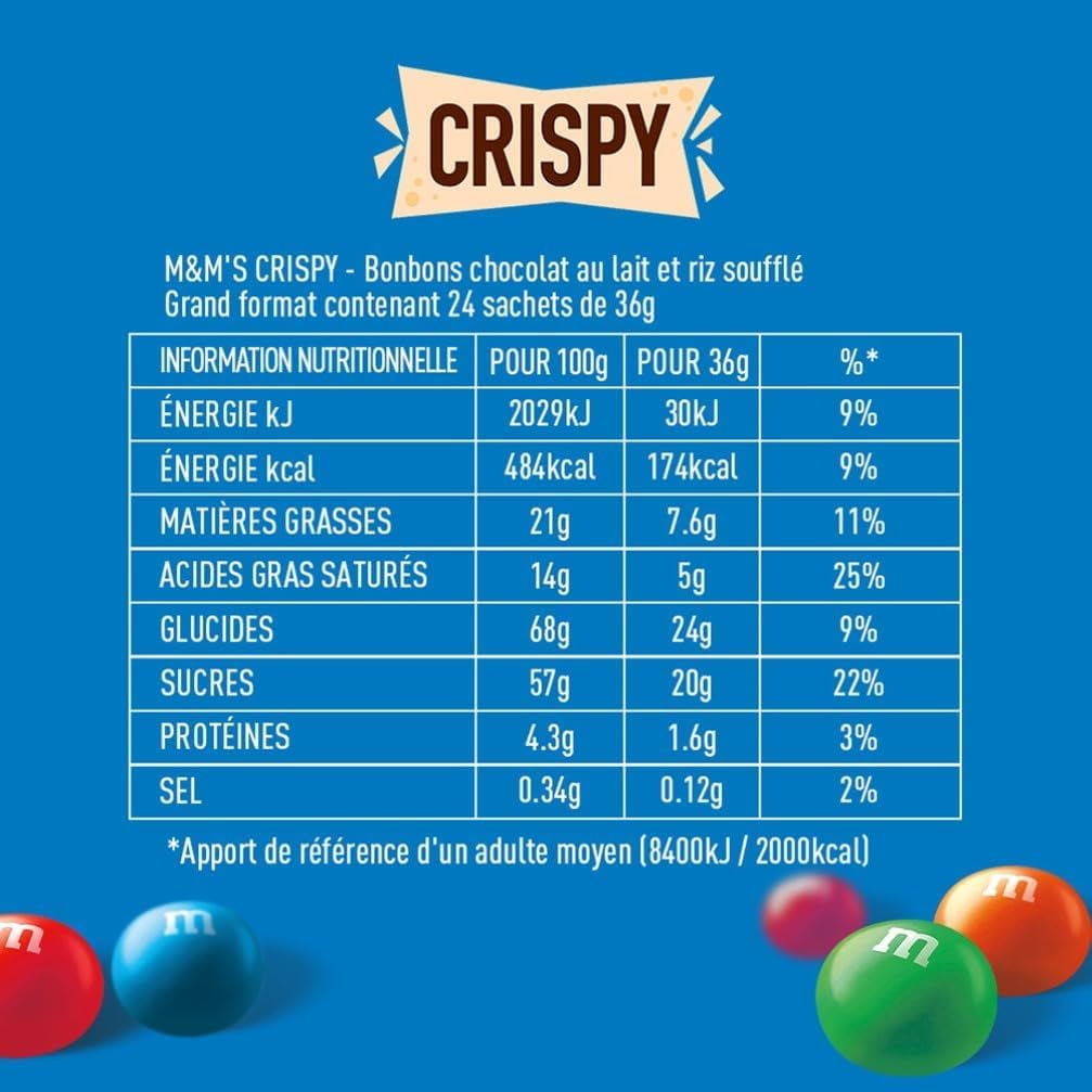 M&M'S CRISPY - Bonbons Chocolat au Lait & Riz Soufflé - Grand Format - 3x24 Sachets de 36g - 2,592kg