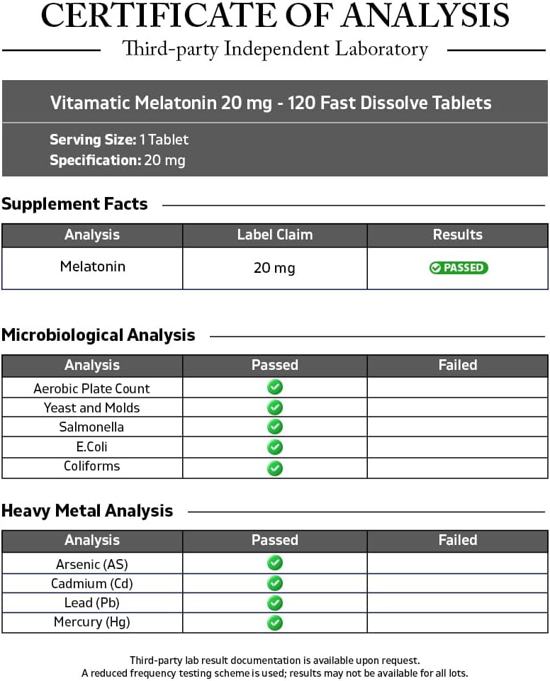 Vitamatic Melatonin 20 mg Tablets | Vegetarian, Non-GMO, Gluten Free | HIGH Potency 20 MG | Natural Berry Flavor (1/2 Tablets = Melatonin 10 mg) (120 Count (12 Pack Wholesale Buy))