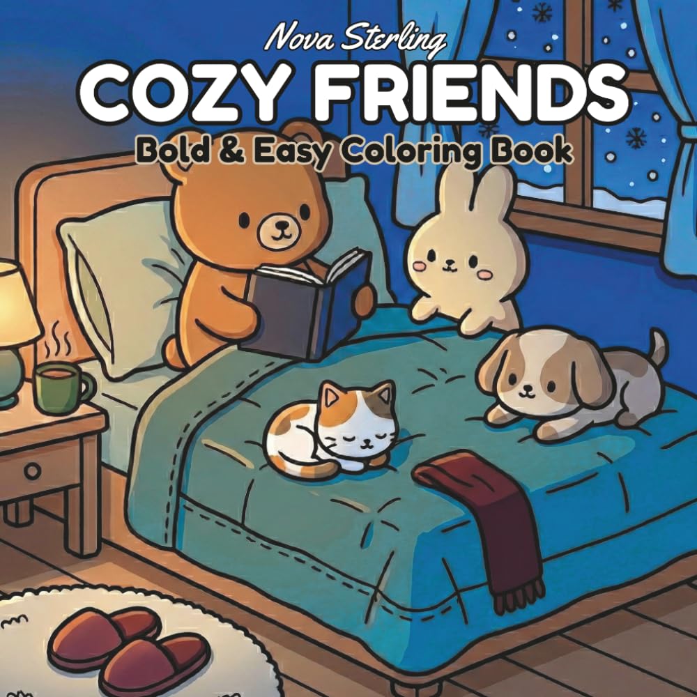 Cozy Friends: Simple & Bold Coloring Book for Adults and Teens featuring Kawaii Animals in Cozy Home Scenes for Stress Relief and Mindful Relaxation