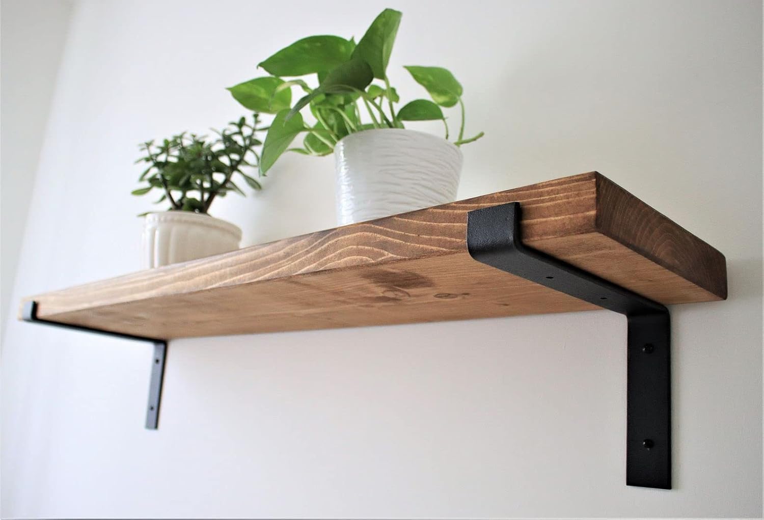 Chill House Flat Rustic Floating Shelf 9x2 inches, 40cm long with Flat Scaffolding Down Style Bracket - Natural Oak Finish Reclaimed Wood Floating Shelves for Wall, Rustic Wooden Shelves for Bedroom