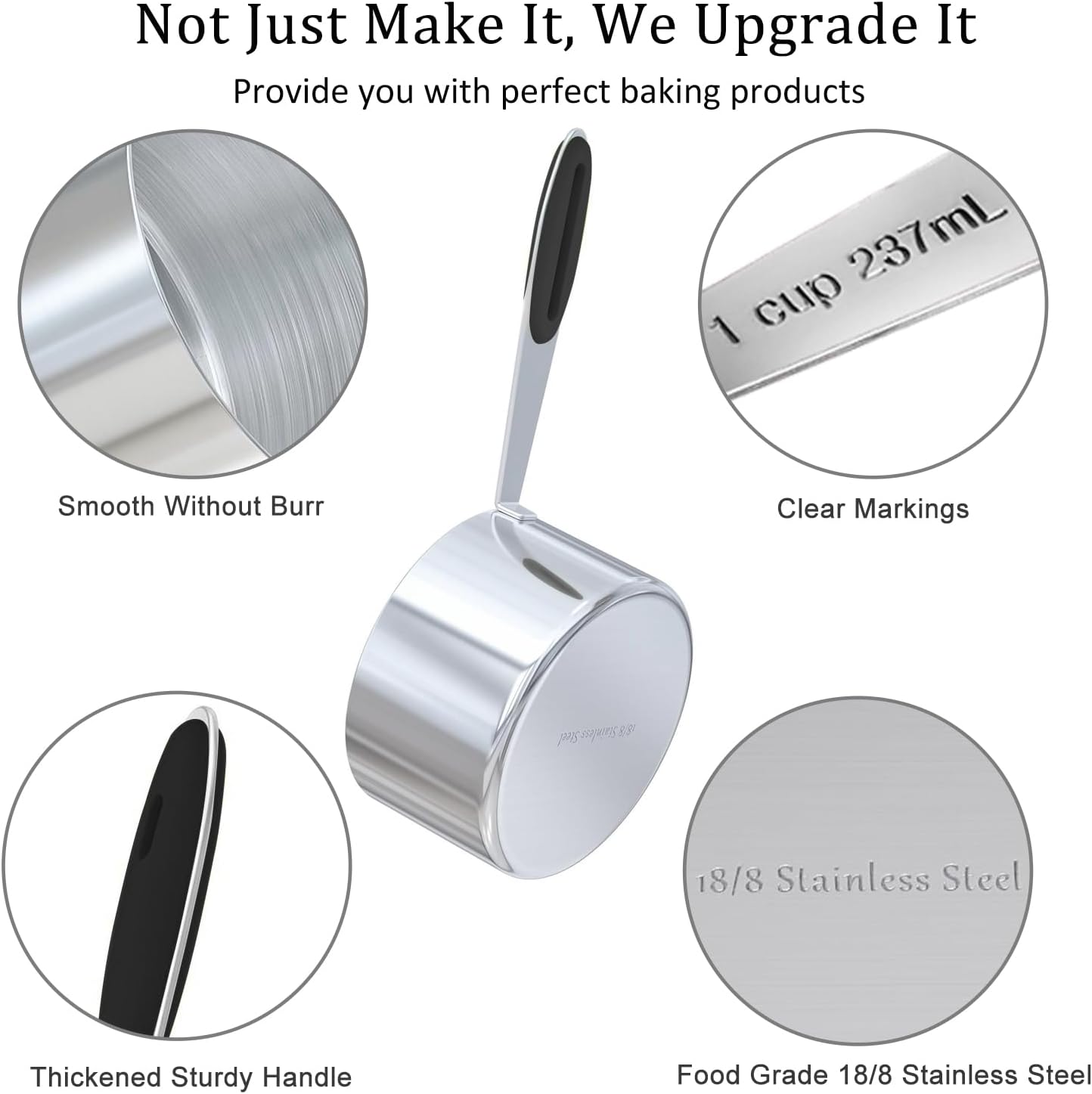 Stainless Steel Measuring Cups and Spoons Set, Metal Measuring Cups Set with Silicone Handle for Kitchen Dry Liquid Ingredients