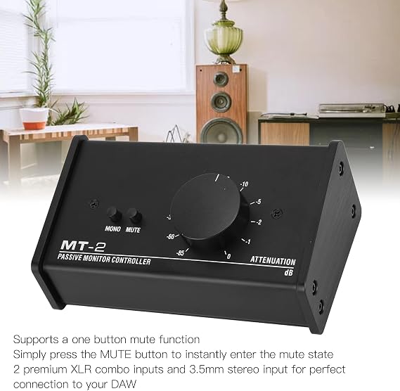 Passive Studio Monitor Controller, with Large Control Knob, Pure Signal and Mute Control, XLR & 3.5mm Interface, Plug and Play for Laptop