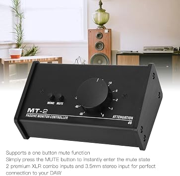 Passive Studio Monitor Controller, with Large Control Knob, Pure Signal and Mute Control, XLR & 3.5mm Interface, Plug and Play for Laptop
