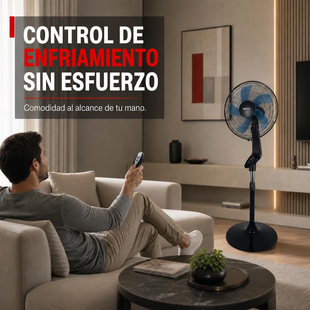 SOGO Ventilador de Pie Silencioso con Mando a Distancia y Temporizador 7,5H - Ventilador de Pie 40 cm Oscilante con 3 Velocidades - Altura Ajustable 120-145 cm y 5 Aspas 50W Negro (SS-21280)