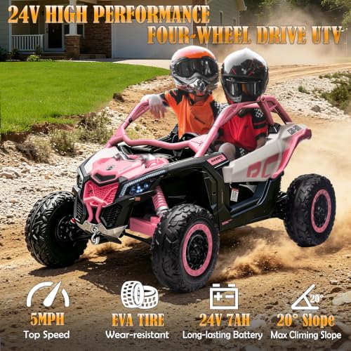 Image of NEWQIDA XXXL 24V Ride on Toys for Big Kids Licensed CAN-AM Maverick UTV 2 Seater Ride on Car with Remote Control 4WD Electric Vehicles Ride on Truck Car, EVA Tires, Shock Absorber, Up to 5MPH, Pink