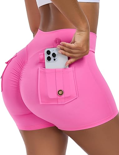 STARBILD Damen Sport Shorts Booty Scrunch Butt, High Waist Leggings Kurze Push Up, Blickdicht Workout Hotpants für Gym Fitness Yoga - XS - 11.5cm Inseam V Cross - Rosa