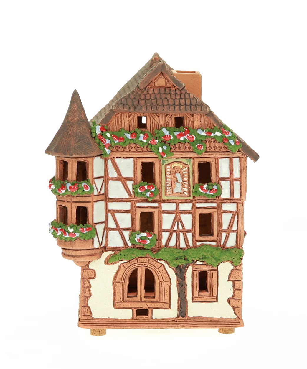 Ceramiczny domek świetlny, rękodzieło, miniaturka artystyczna, historyczny stary dom z muru pruskiego w Kaysersberg, Alzacja, B241AR
