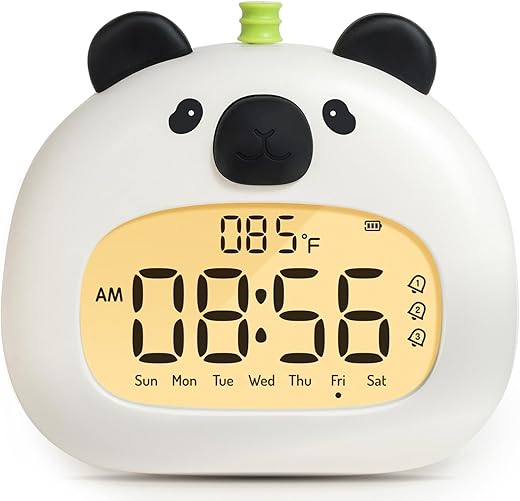 Panda Alarm Clock for Kids with Night Light, Digital USB Rechargeable Clock, 3 Alarms, Snooze