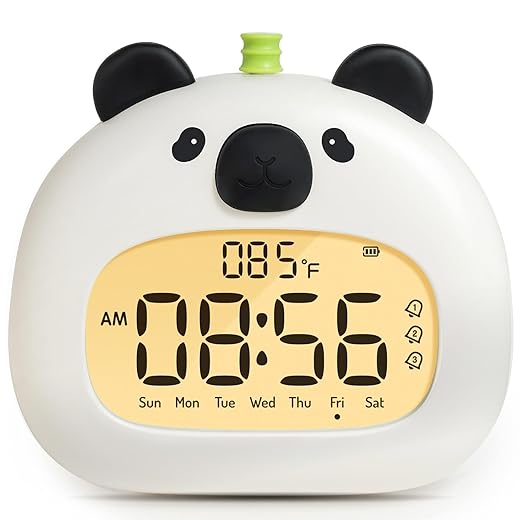 Panda Alarm Clock for Kids with Night Light, Digital USB Rechargeable Clock, 3 Alarms, Snooze item