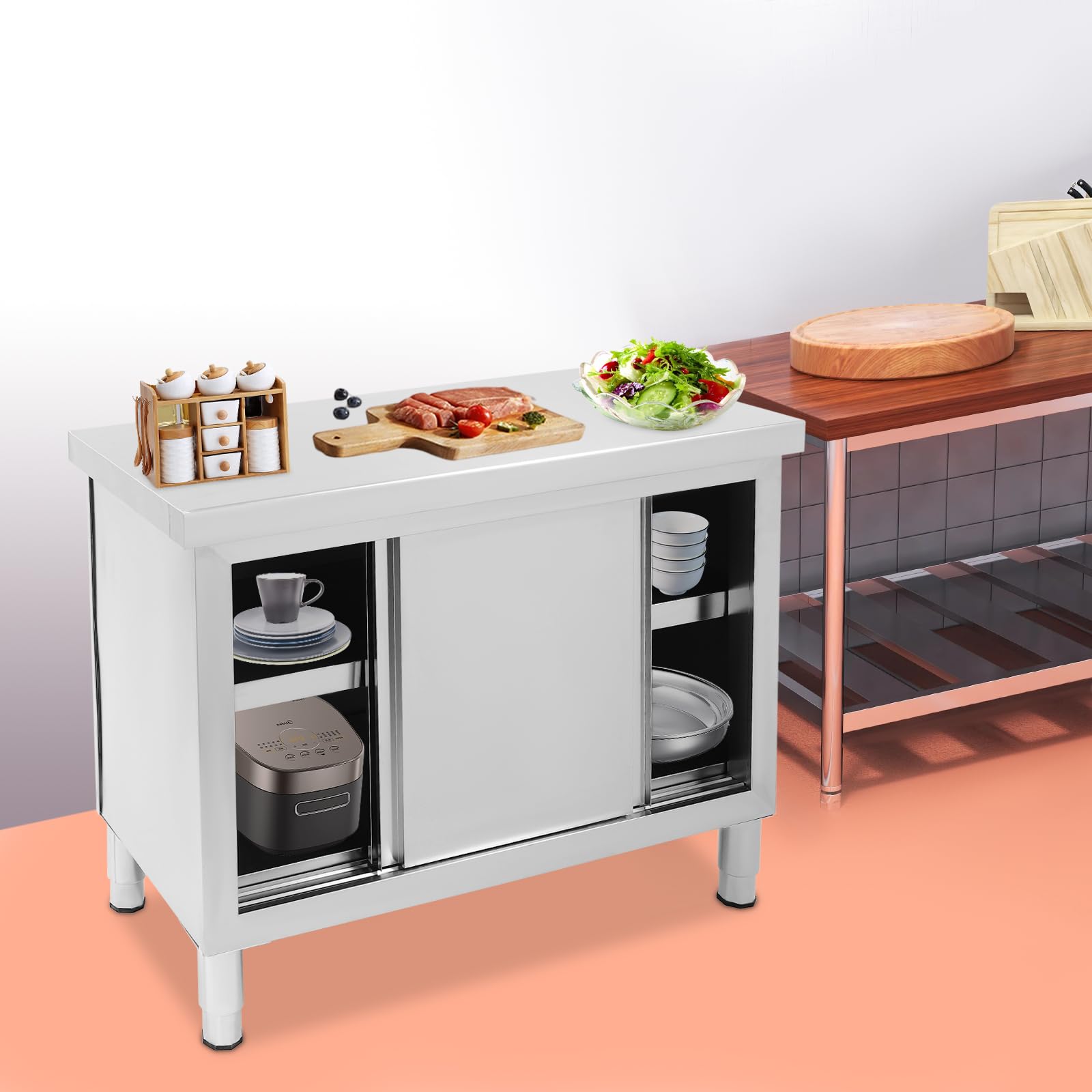 Mesa de trabajo de cocina, mesa de acero inoxidable para preparar con puertas correderas, armarios de trabajo de acero inoxidable para cocinas, garajes, jardines, bares, dos tamaños disponibles (100 x