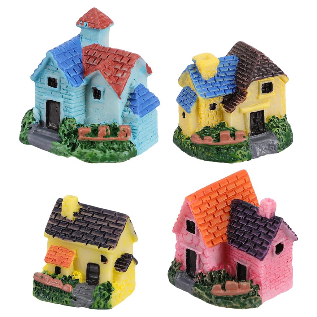 ZIBUYU® Pack of 4 Hand-Painted Miniature House Ornaments for Fairy Garden, Dollhouse & Plant Décor Resin, Durable & Waterproof Outdoor/Indoor Mini Landscaping Accessories