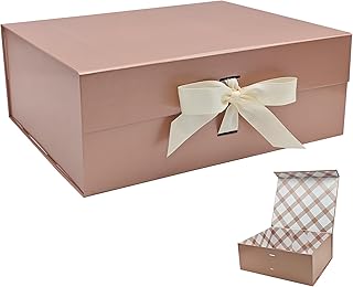 Tekhoho Caja de Regalos Grande Oro Rosa 33.5x27x12.5 cm, Caja de Regalos Premium con Tapa MagnéTica y Cinta para Embalaje de Regalos de Bodas y CumpleañOs, Forro a Cuadros
