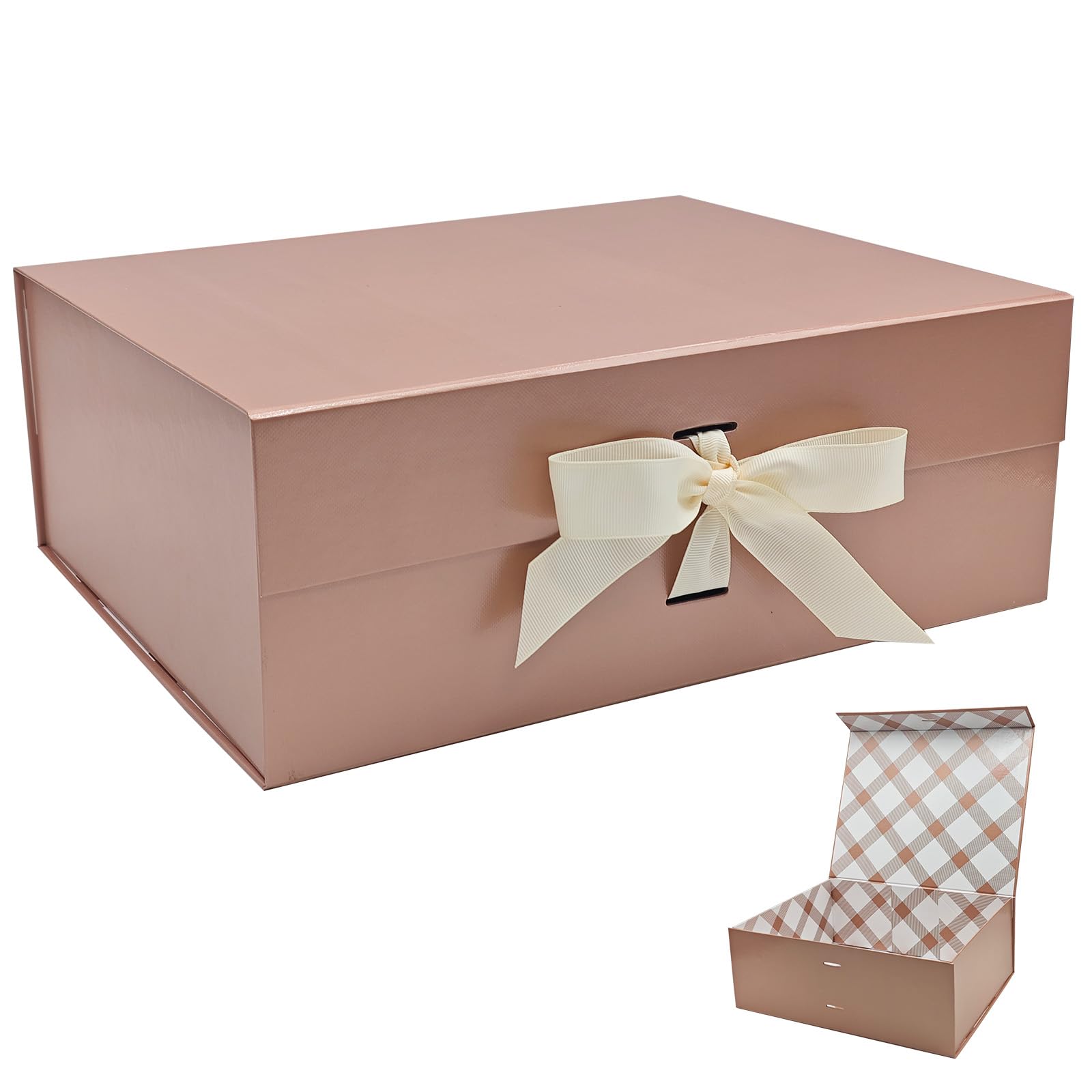 Tekhoho Roségold Große Geschenkbox 33.5x27x12.5cm, Premium Geschenkbox mit Magnetdeckel und Schleife für Feiertage Hochzeit Geburtstag Geschenkverpackungen, kariertes Innenfutter
