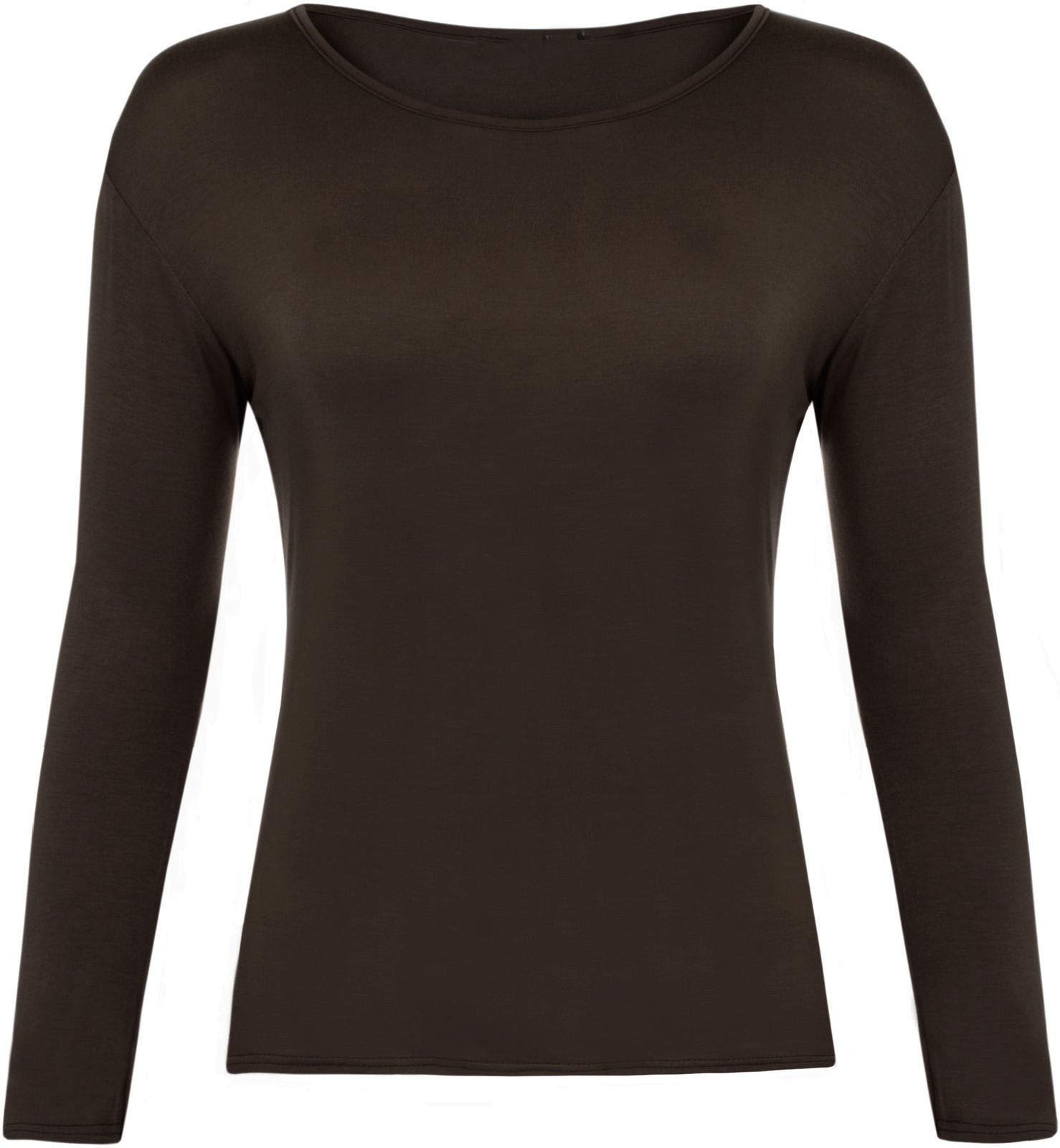An Direct Women's Brown Basic Long Sleeve Plain Round Neck Stretch Plus Size Top T Shirt (, Sm)