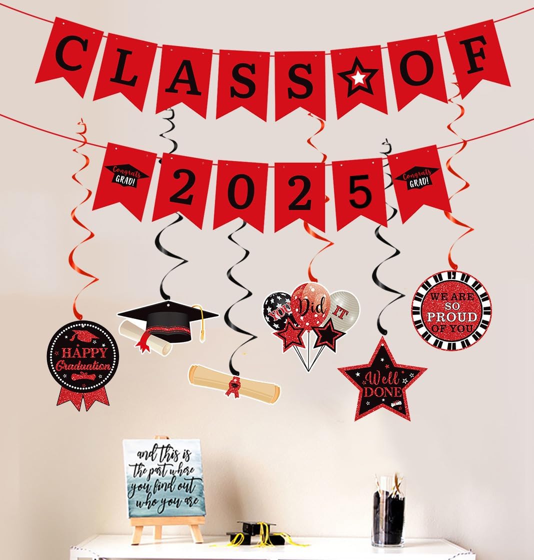 Elicola Graduation Party Decorations 2025 Graduation Hanging Swirls Foil Ceiling Streamers with CLASS OF 2025 banner for School Classroom Grad Party Decor Supplies (Red) 6 61goO8E1pHL. AC SL1120