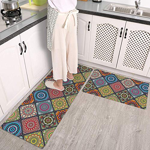 QIYI Floor Comfort Mats 2 Pieces Kitchen Rugs PVC Leather Waterproof Oil Proof Runner Rug Non Skid Standing Mat Set Anti Fatigue Doormat 17