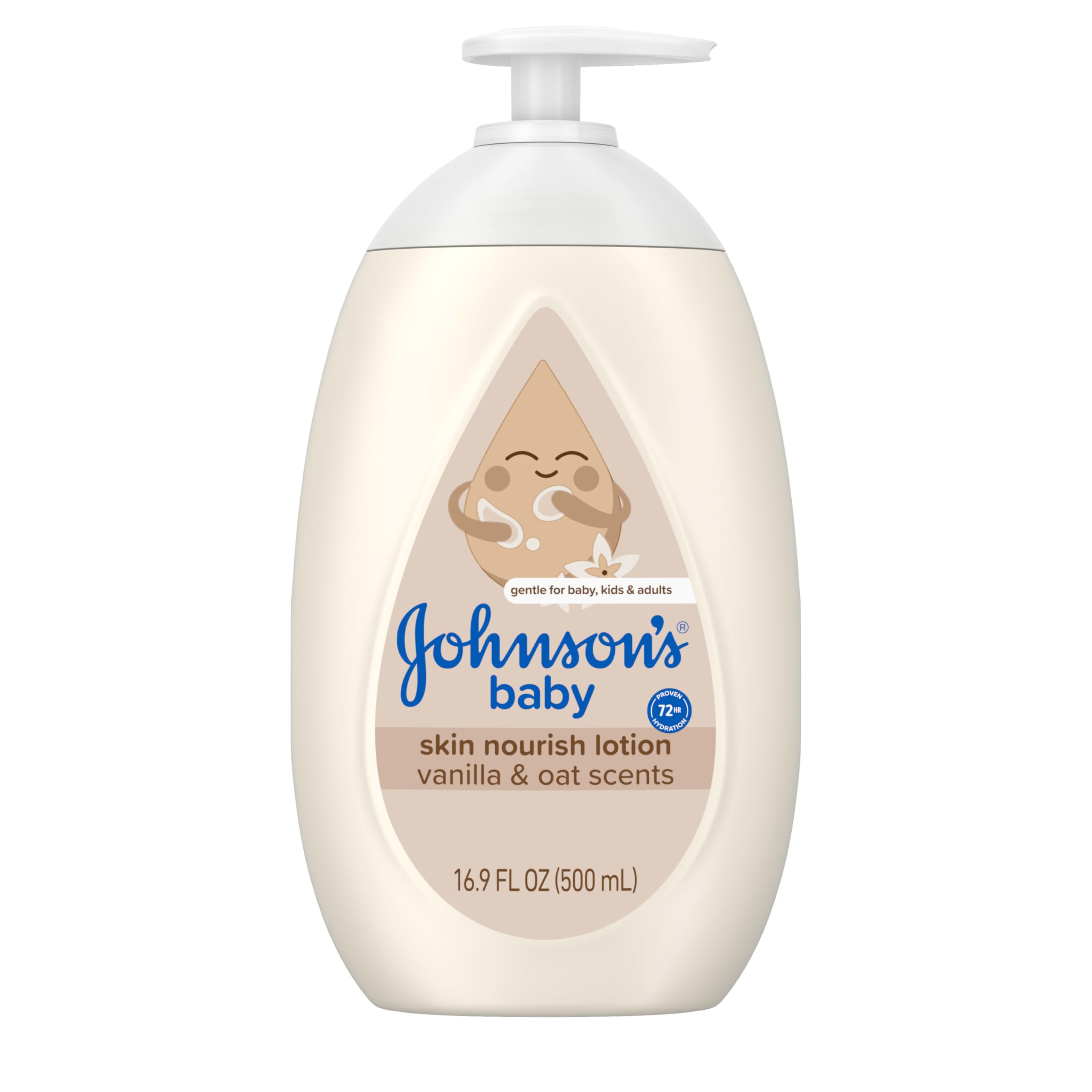 Johnson's Skin Nourishing Baby Lotion, Vanilla & Oat Scents, Hypoallergenic Baby Body Lotion for 72 Hour Hydration Until Baby's Next Bath Moisturizes & Protects from Dryness, 16.9 fl. oz