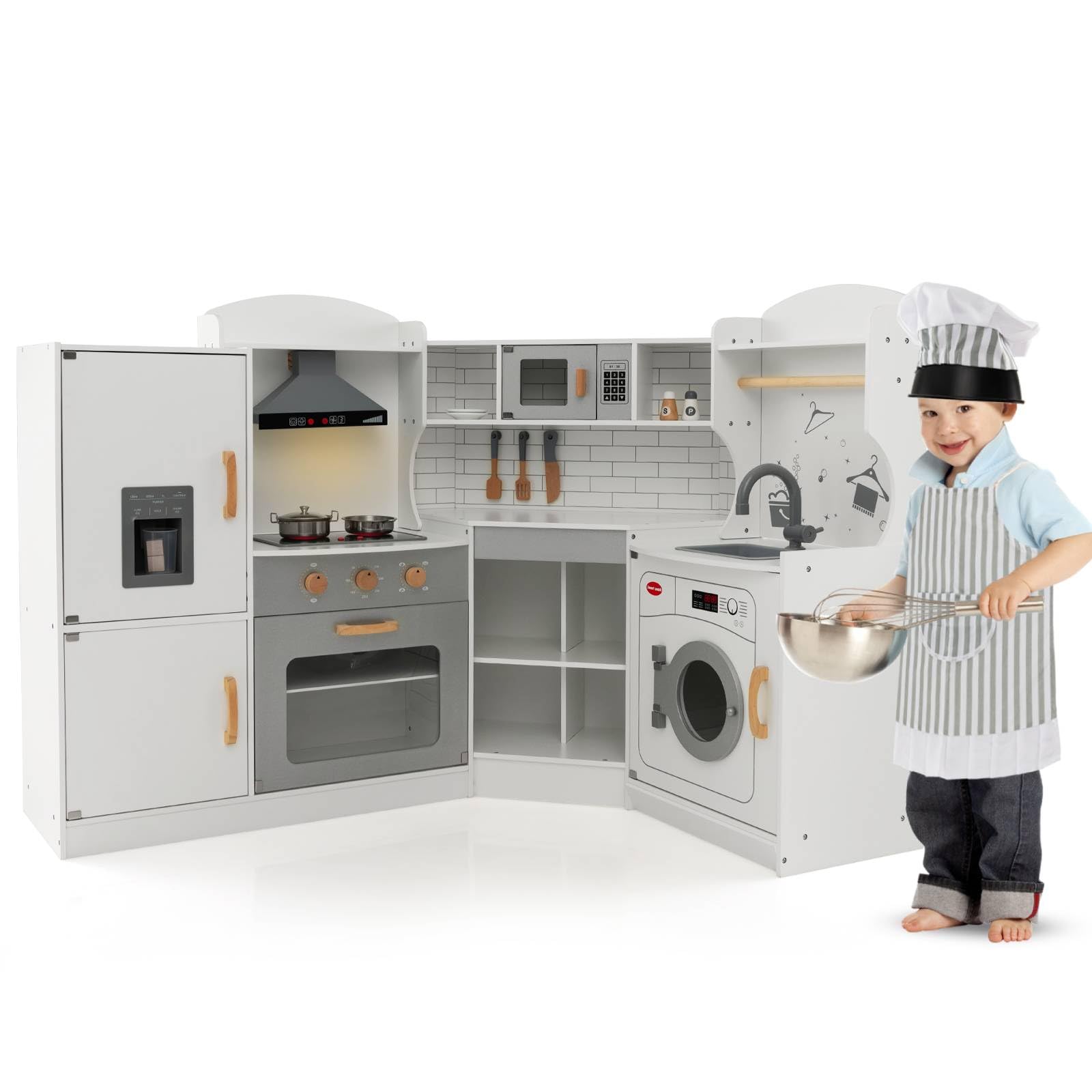 GYMAX Kids Corner Kitchen, Wooden Toy Kitchen with Microwave, Washing Machine, Ice Maker, Cooking Accessories, Realistic Light & Sound, Large Play Kitchen for 3 Years Old + (White)