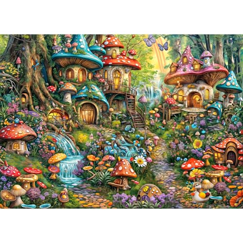 Puzzle 1000 pièces, puzzle adulte, un puzzle difficile, jeux de puzzle pour toute la famille, cadeaux pour femmes, cadeaux pour hommes, thème : village animal champignons