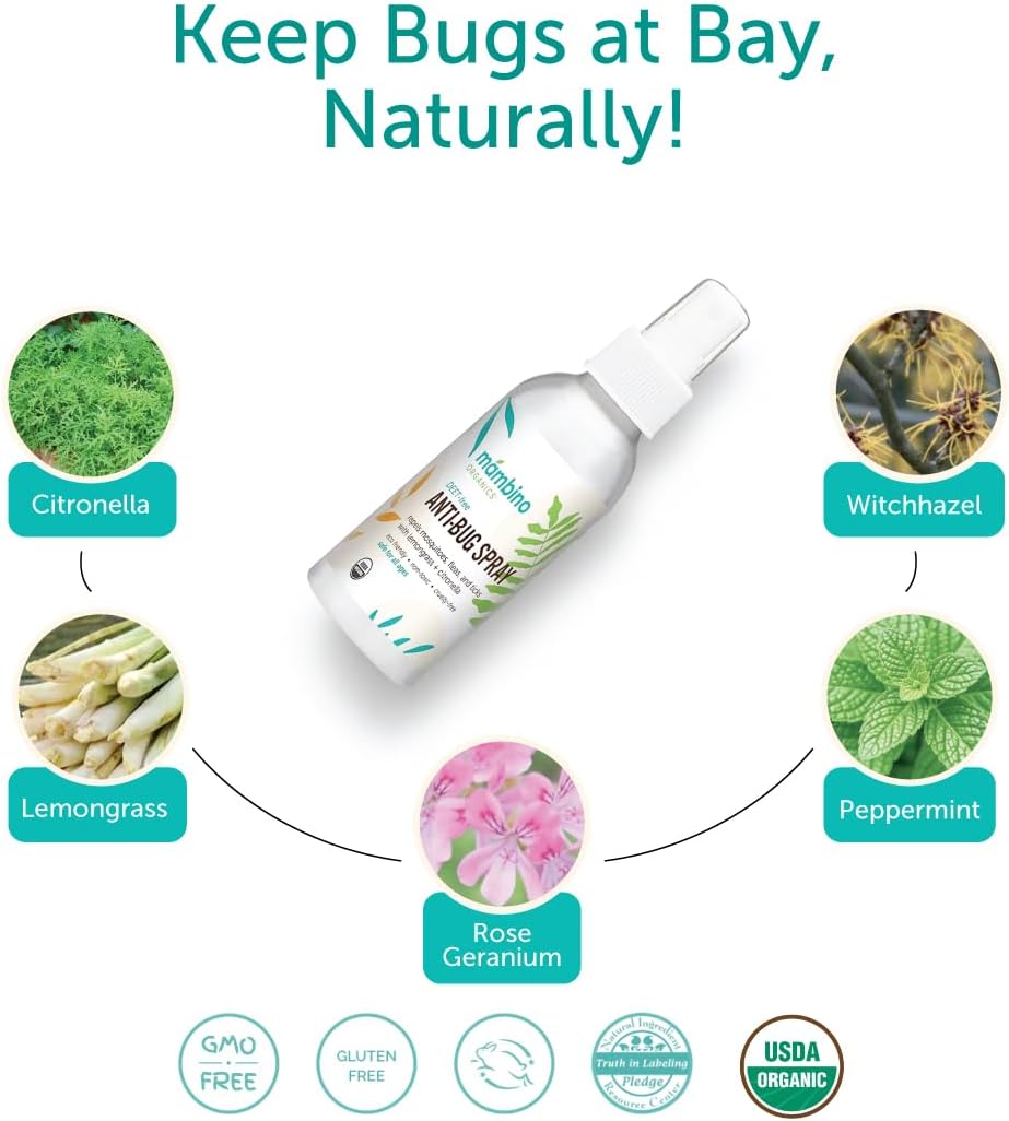 Mambino Organics Anti-Bug Spray, DEET-Free, Organic Mosquito Repellent with Essential Oils, Reef Safe, Face-Safe Protection for Babies, Kids, and Adults, Travel Bug Spray, 4oz, 3-Pack