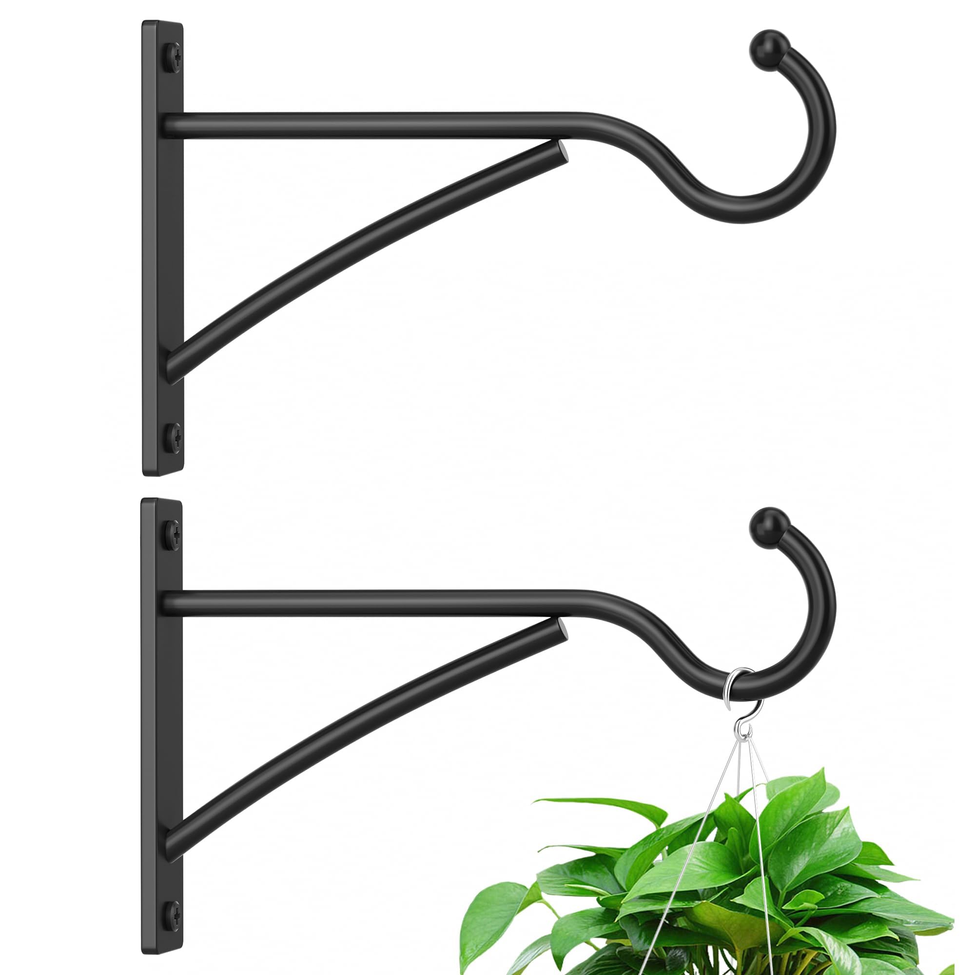 saffruff outdoor plant hanging hooks for wall: 6 inch black metal bracket for hanging baskets, bird feeders, wind chimes, flower baskets, yoga mat, lanterns. 2 pack