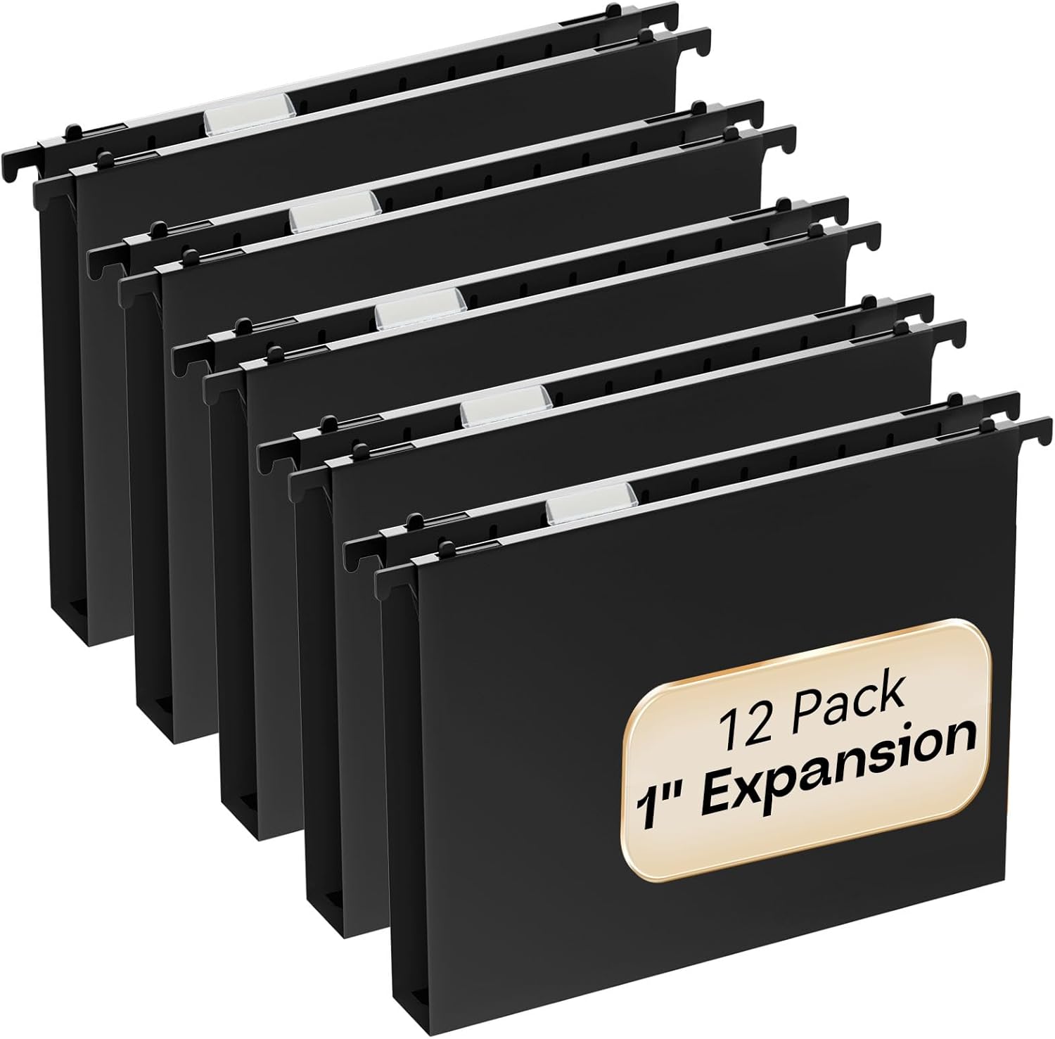 Plastic Extra Capacity Hanging File Folders Letter Size,Heavy Duty 1" Expansion Accordian Pocket,Black Expanding Hang Folder with Tab,12 Pack Reinforced File Cabinet Folders for Office School