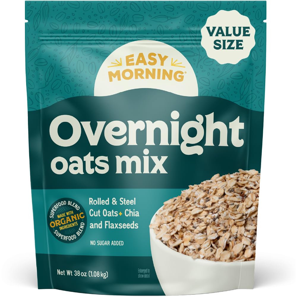 Easy Morning Overnight Oatmeal Mix, Organic Ingredients, Naturally Gluten-Free, No Sugar Added, Soak and Go Breakfast with Chia, Flax, and Rolled Oats, 38 Oz (25 servings)
