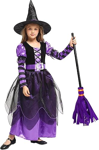 Miniatura 3 de Disfraz de bruja de Halloween para niñas, vestido de bruja morado con sombrero para niños pequeños, disfraz de fiesta de Halloween