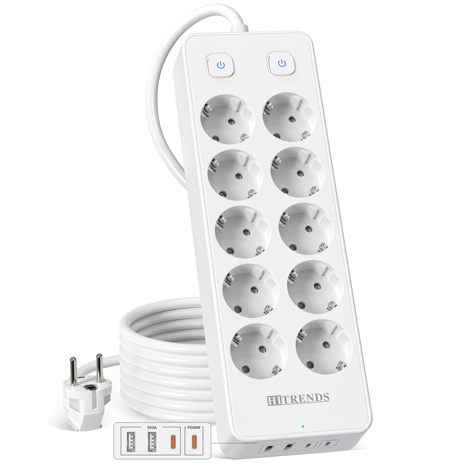 Ciabatta elettrica 10 prese, con 2 USB-A+ 2 USB-C (PD20W), presa con 2 interruttori, presa di distribuzione 230 V, spina multipla 2 m, per casa, scuola, ufficio (bianco)