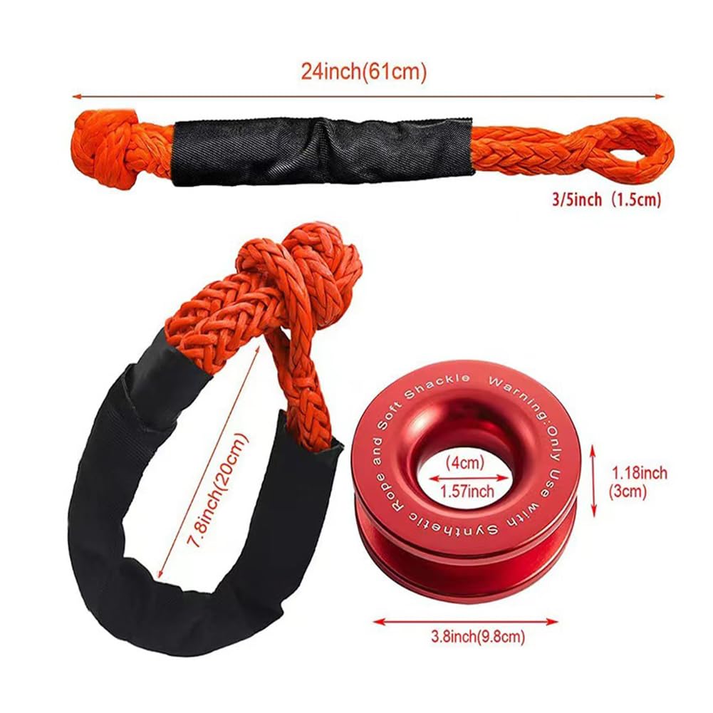 Winch Snatch Recovery Ring -Recovery Ring with Soft Shackle Rope 38000lbs Breaking Strength Winch Snatch Towing Ring Synthetic Rope Strap for ATV Truck SUV (Red)