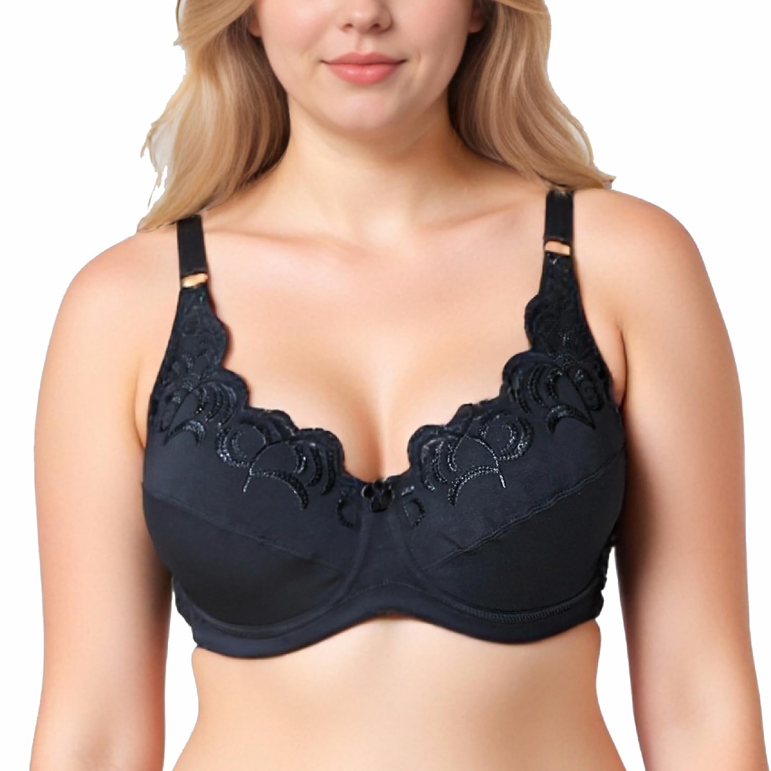 Womens Plus Size Soft Cotton Embroidery Unlined Full Coverage Underwire Bra