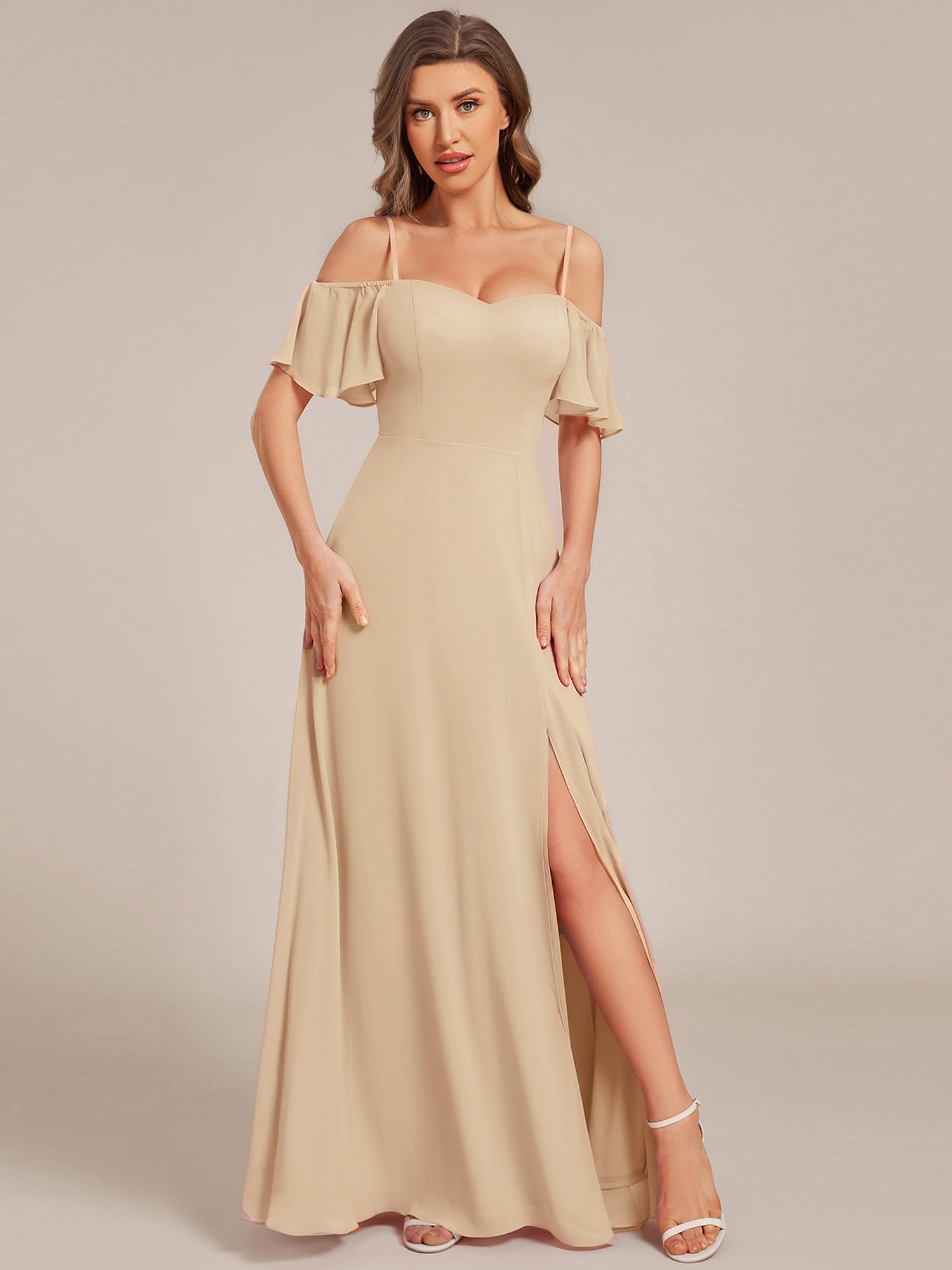 Ever-Pretty Robe de Soirée Longue Femme Épaules Dénudées à Bretelles à Volants Fendue en Mousseline Fluide 0237