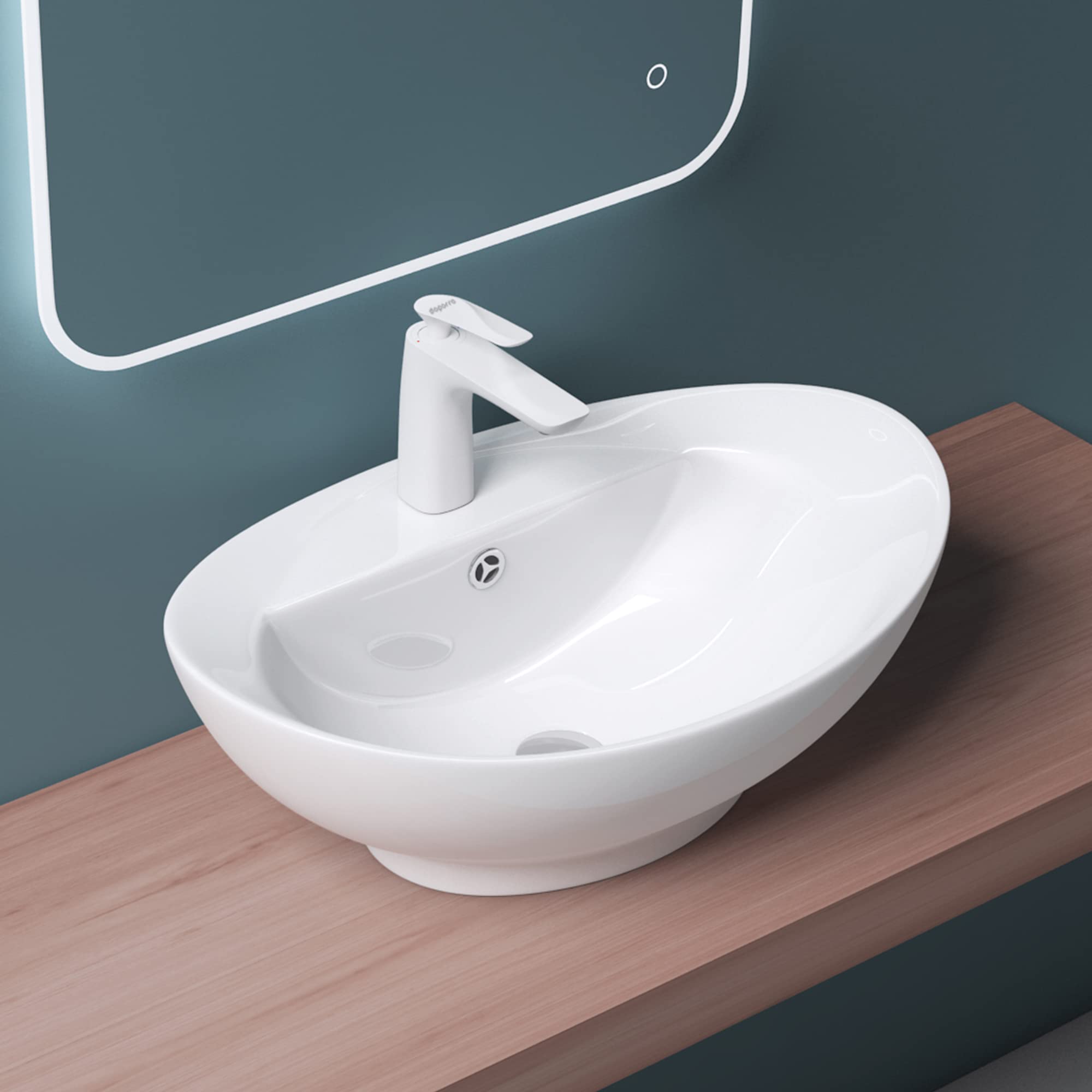 Mai & Mai Vasque Ovale à Poser 59x39x21cm Blanc avec Trop-Plein | Vasque Lavabo, avec Perçage de Robinet, Céramique, pour Salle de Bains Moderne, BR302