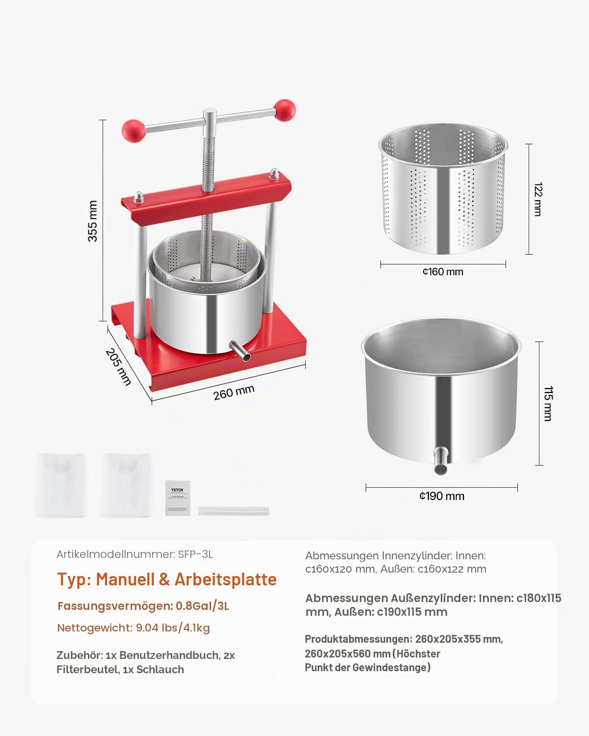 VEVOR Obstweinpresse Apfelpresse 3 L Edelstahlfässer manueller Entsafter Saftpresse T-Griff