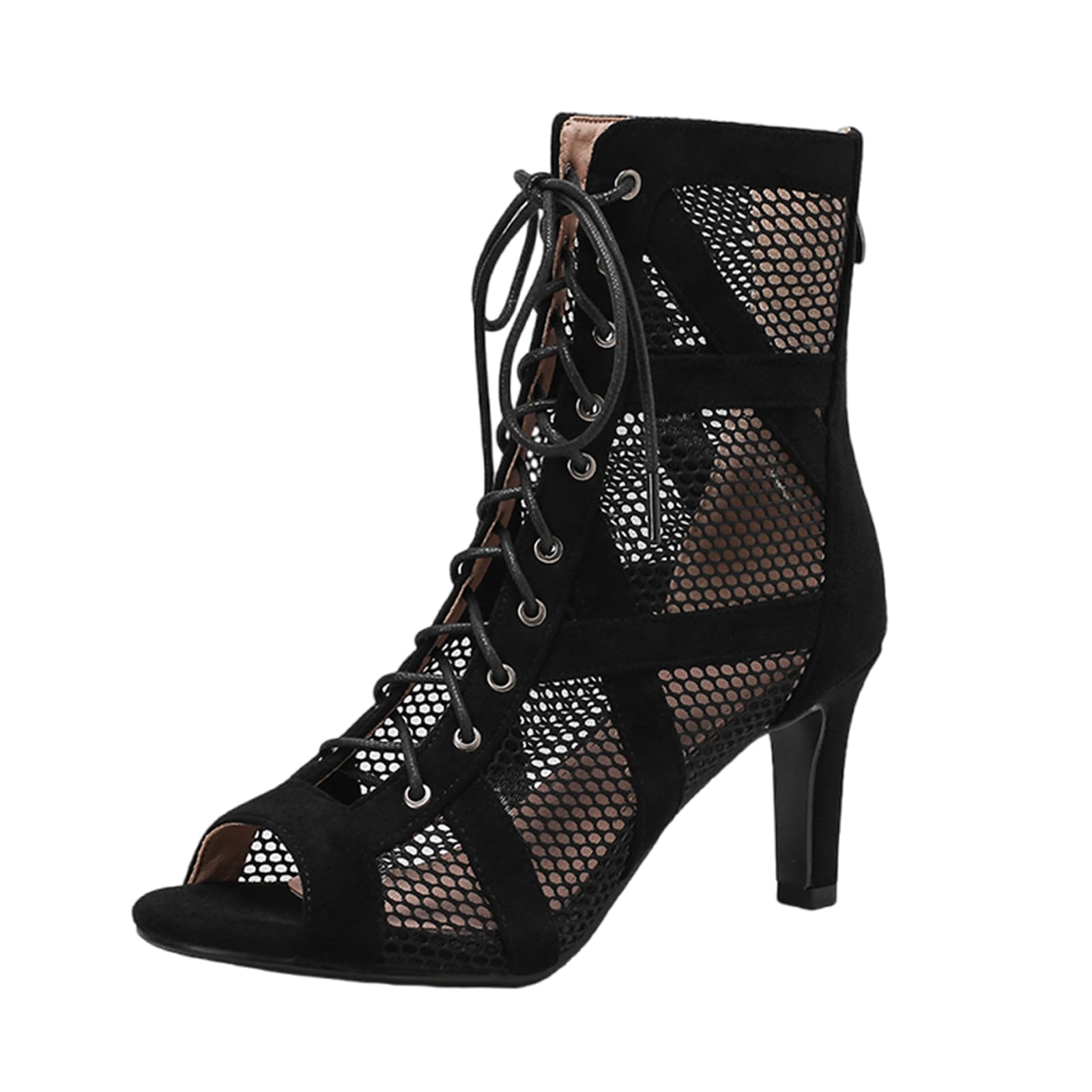 Bottes De Danse en RéSille,Peep Toe Talons à Lacets,Bottines De Danse Latine à Lacets,Conception en Net,Lacets RéGlables,Peut êTre Utilisé Aussi Bien à L'IntéRieur Qu'à L'ExtéRieur