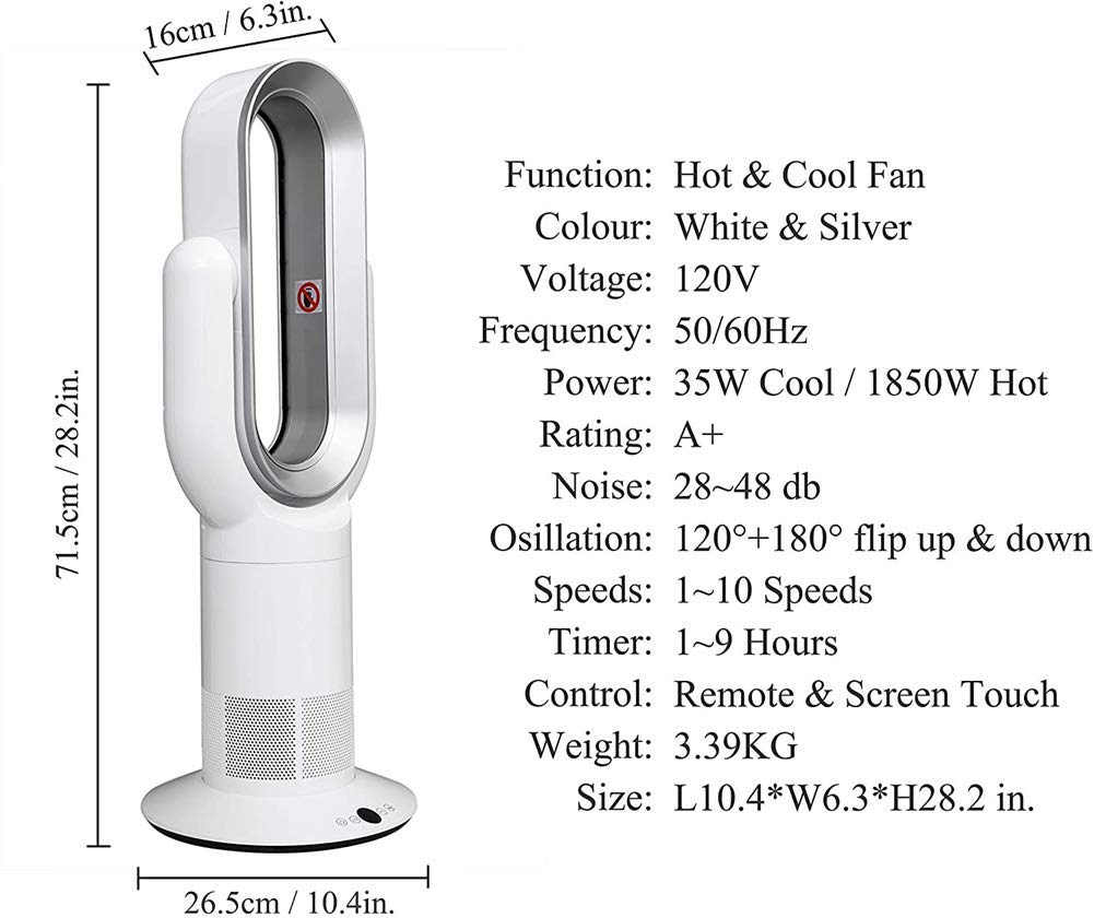 Ventilador de calefacción portátil sin aspas, ventilador de torre de 10 velocidades con control remoto, calentador de espacio y ventilador de circulación de aire para sala de estar / oficina / dormit