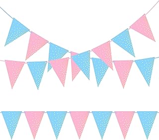 ASTARON 2 Pack Gender Reveal Bunting Blue & Pink Banner for Gender Reveal Party Supplies Baby Shower Decorations Boys Girls Birthday Party Decorations