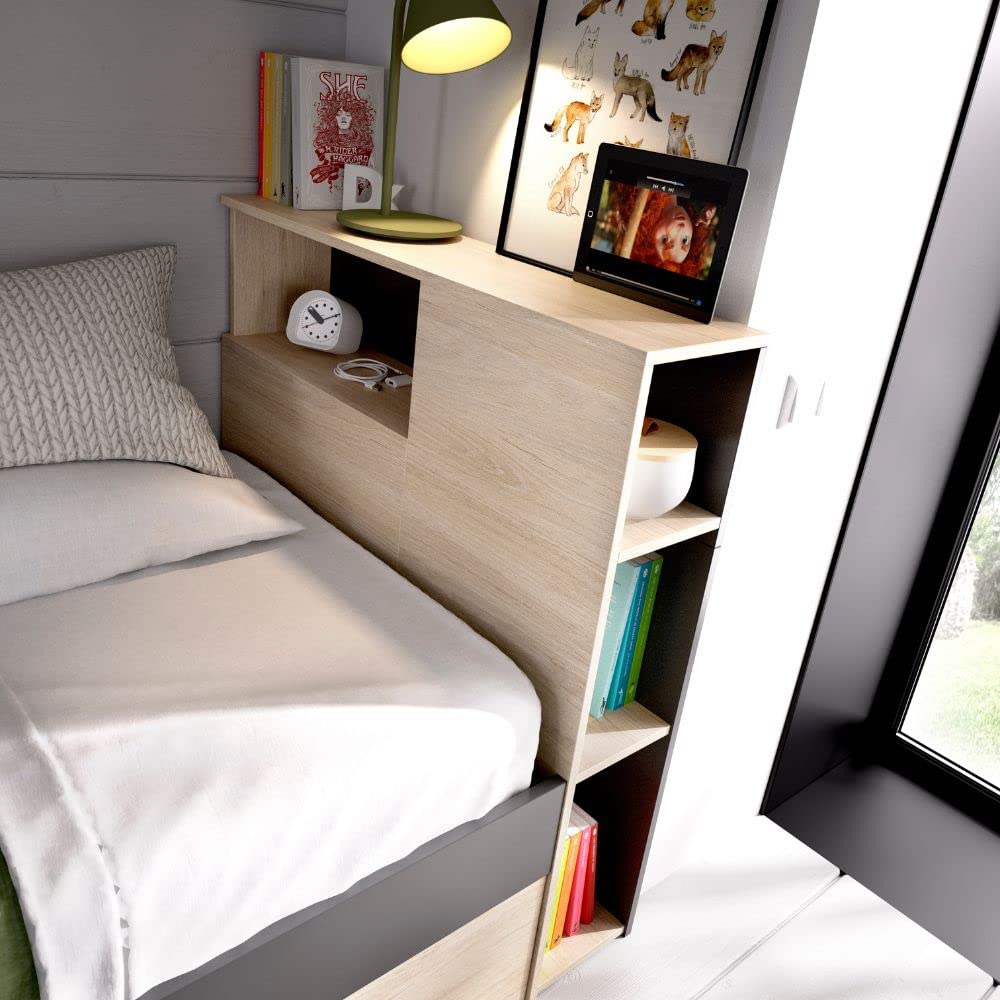Mobelcenter, Cama Juvenil e Infantil Lanka de 90x190 con Cajones y Estantería, Color Grafito y Natural, Medidas: Ancho: 99 cm x Fondo: 218 cm x Alto: 96 cm (1349)