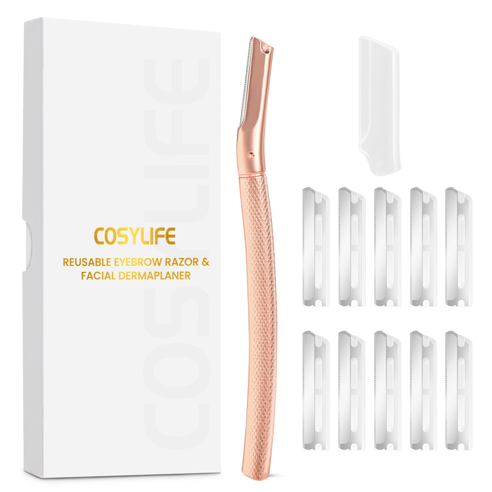 COSYLIFEEyebrow Razor Dermaplaning Tool with 10 Blade Refills Exfoliating Face Razors for Women Facial Razor for Peach Fuzz and Eyebrow Hair Removal
