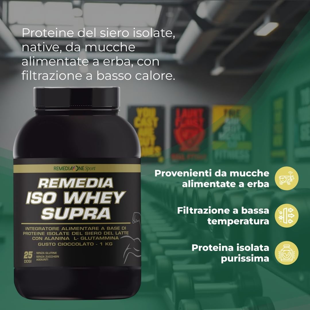 Iso Whey Supra Proteine Isolate per Massa Muscolare, 1 kg | Proteine del Siero Isolate con Alanina e L-Glutammina per Sport e Allenamento, Senza Glutine, Gusto Cioccolato, 25 Dosi