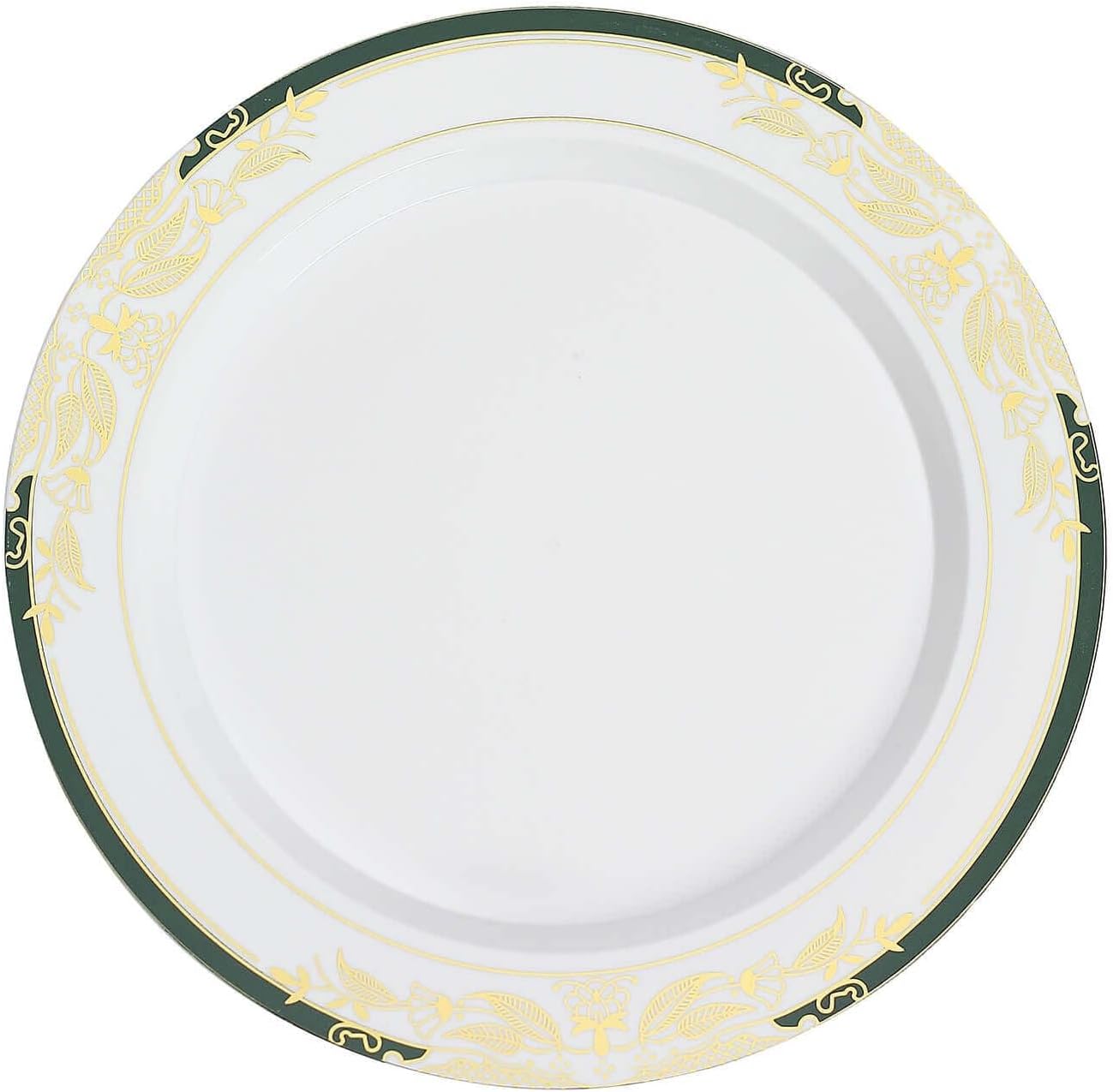 Efavormart 10 Pack 10" Hunter Emerald Green & Gold Dinner Plates - Luxury Gold Vine Rim Plastic Plates - Heavy Duty BPA-Free Disposable Tableware for Formal Parties