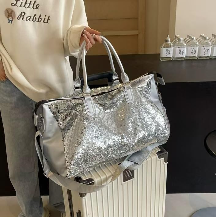 Sequin Duffel Bag with Shoe Compartment, Travel Gym Bag with Shoulder Strap,Reversible Sequin Girl Dance Duffle Bag, Weekend and Travel Bag with Adjustable Carry On and Handy Pouch (Silver)2