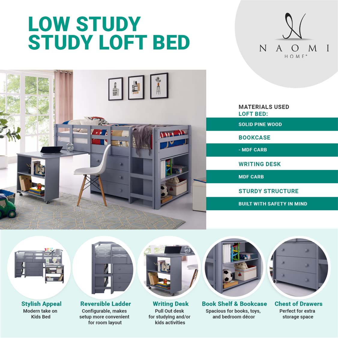 Buy Twin Size Loft Bed with Desk Low Study Kids Twin Loft Bed with Desk