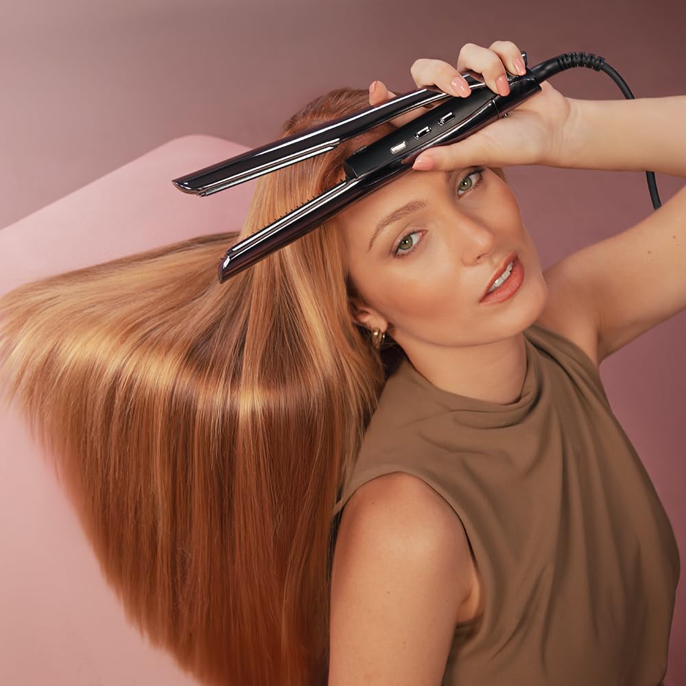 Cecotec Plancha de Pelo con Cable, Tecnología de Vapor e Infrarrojos Lisse iSteamy. 48W, Revestimiento de Cerámica y Queratina, Temperatura Regulable, Incluye Bolsa Térmica y Estuche de Cuero