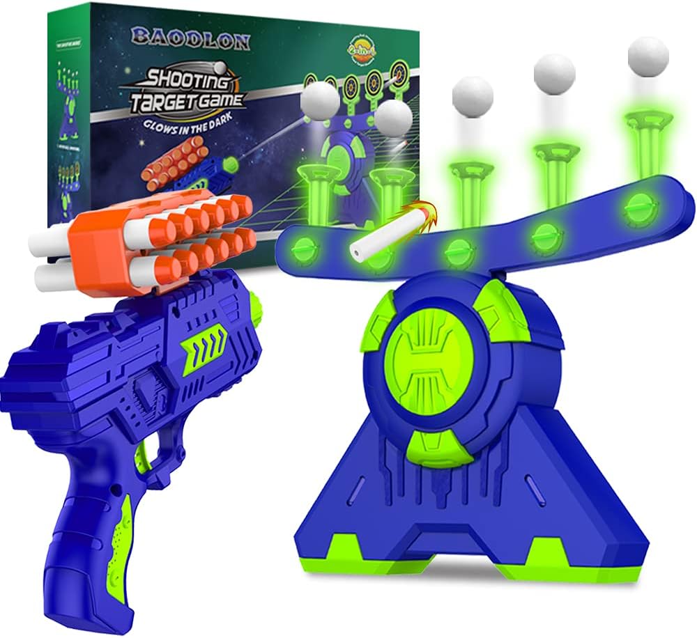 Shooting Games Toy for Age 5, 6, 7, 8, 9, 10+ Years Old Kids, Boys - Glow in The Dark Floating Ball Target with Foam Dart Toy Gun, 10 Balls/5 Targets - Ideal Gift