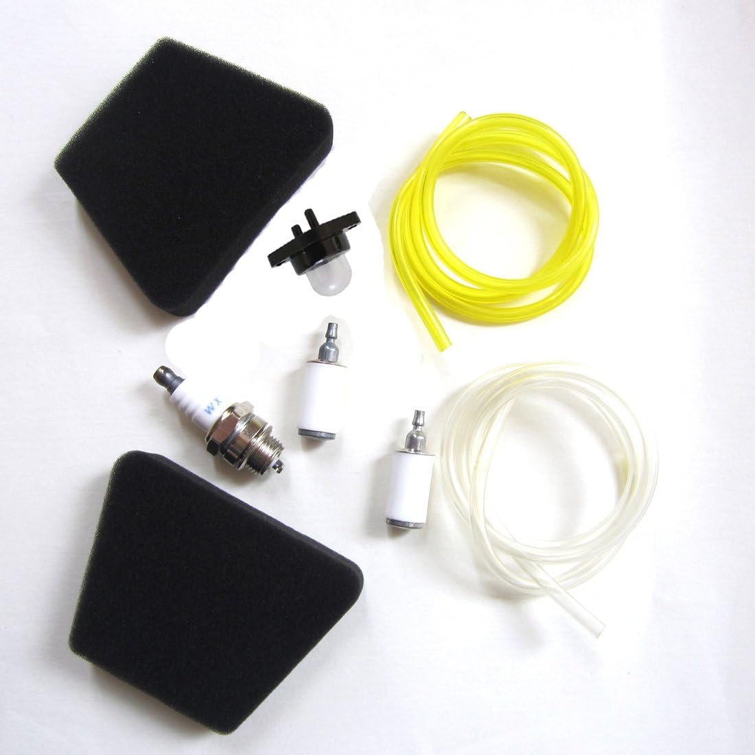 Kit contents including air filters, primer bulb, spark plug, fuel filters, and fuel lines