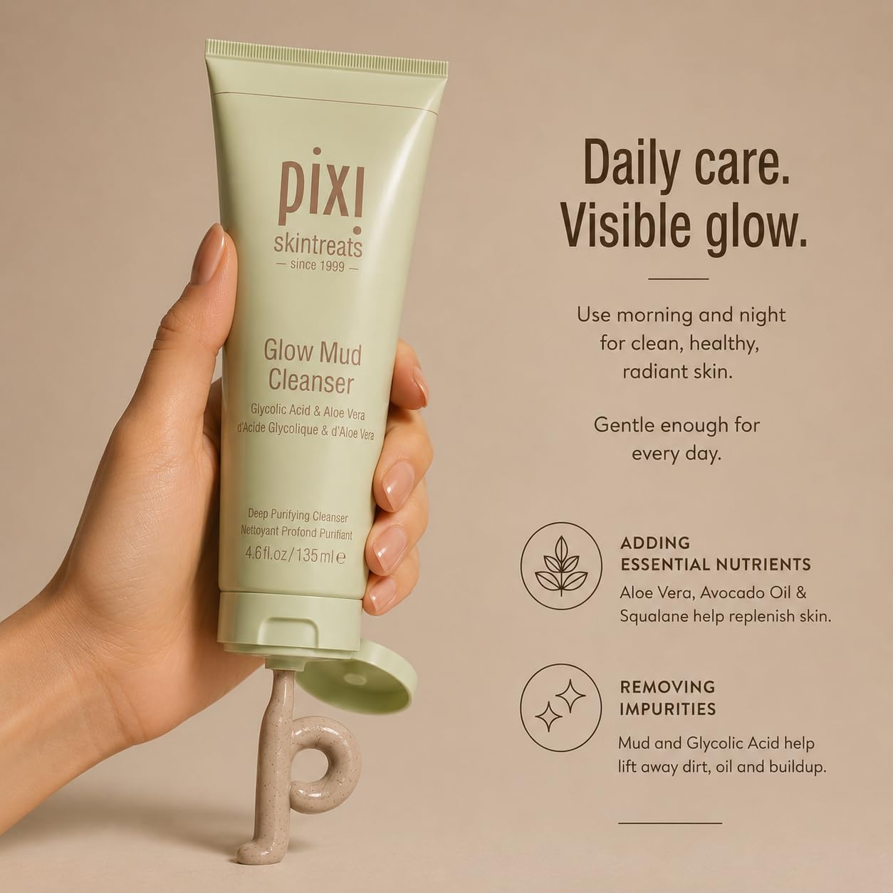 Pixi Beauty Glow Mud Cleanser | Limpiador Facial Diario Purificante con 5% de Ácido Glicólico | Exfolia y Purifica Suavemente los Poros y Ilumina sin Despojar la Piel | 135 ml / 4.57 fl oz